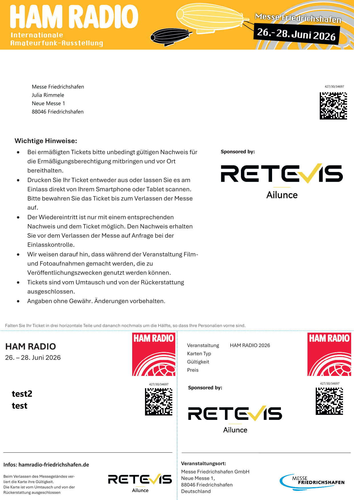 Ham Radio 2026 Friedrichshafen ticket featuring Retevis official sponsor logo Ham Radio 2026 Friedrichshafen ticket featuring Retevis official sponsor logo