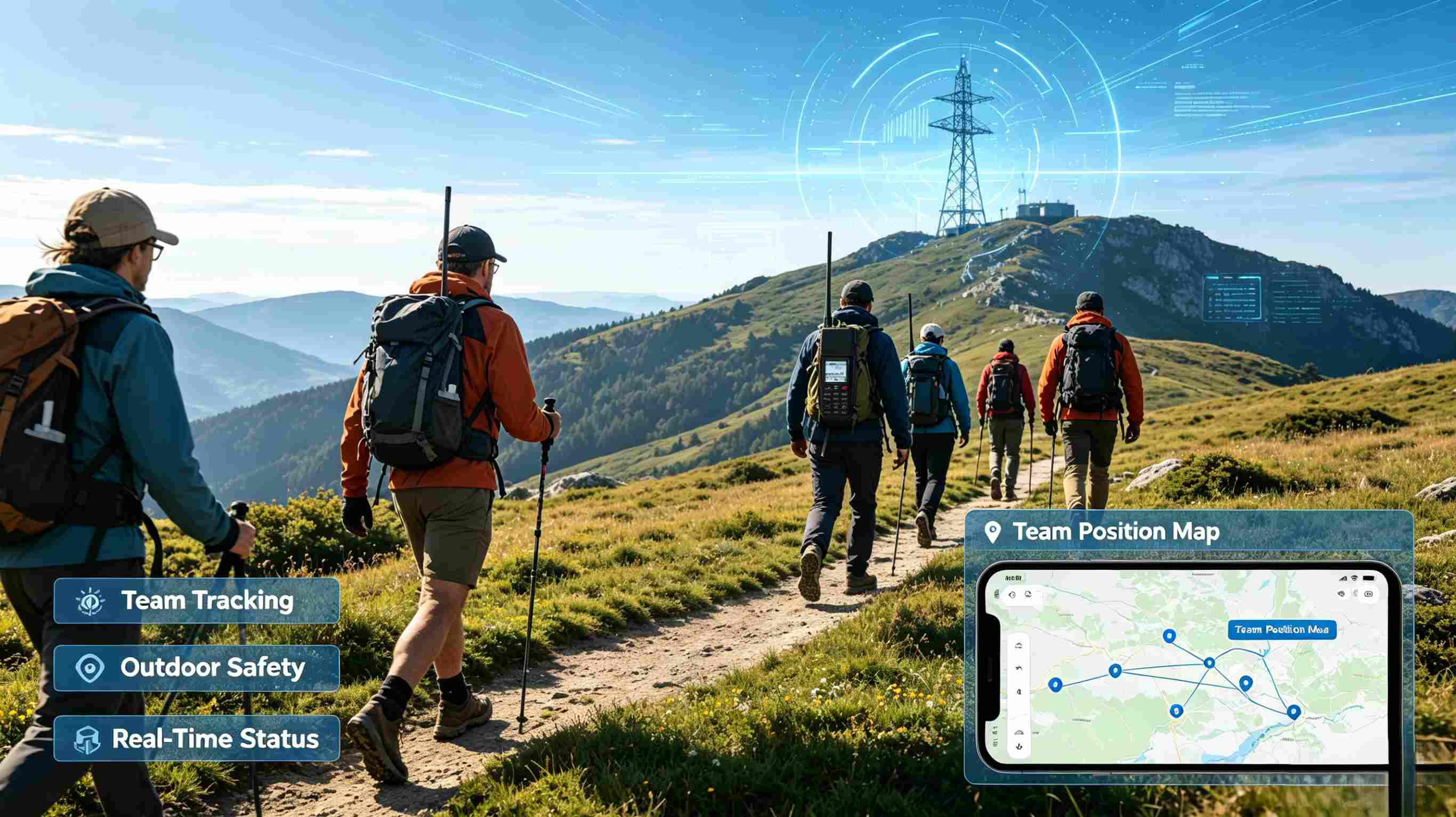 APRS Real-Time Team Position Tracking for Outdoor Hiking APRS outdoor team tracking system with handheld radios, real-time position map for HAM hiking safety